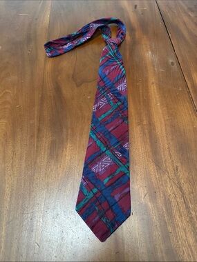 Oscar de la Renta Burgundy Tie with Teal and Navy Geometric Pattern